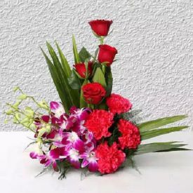 Purple Orchids, Pink Carnations with  Red Roses