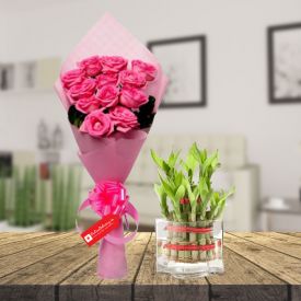 Pink rose & 2 layer bamboo with vase