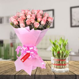 Pink Rose  with bamboo & vase