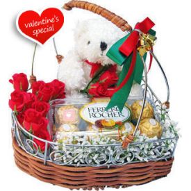 10 Red Roses, 6 inch teddy bear and 16 Pcs Ferrero Rochers with Basket