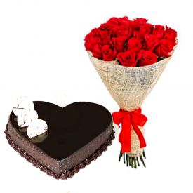 Roses With  Heart Shape Chocolate Cake