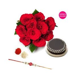 Bunch of 10 Red Roses, 1/2 kg chocolate cake with Rakhi