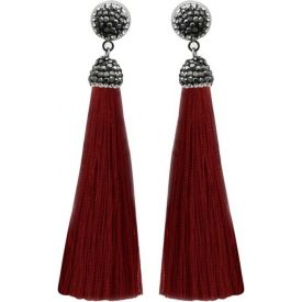 Marcasite Stone And Maroon Thread Rhodium Plated Tassel Earrings