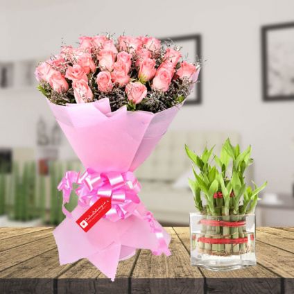 Pink Rose  with bamboo & vase