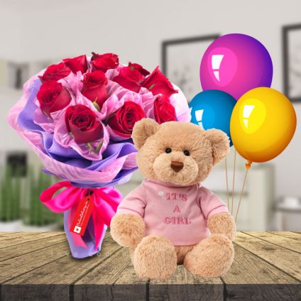 12 Red  Roses,6 inch Teddy bear and 6 pcs balloons