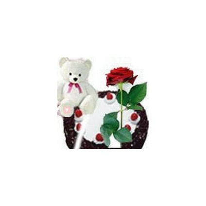 Teddy Bear (6 inches) with 1 Rose and 1/2 kg black forest  Cake
