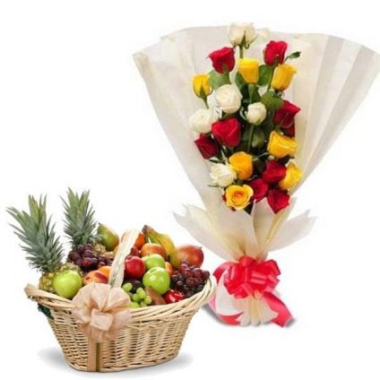 10 Mixed Roses  and 2 Kg Mixed Fruits with Basket