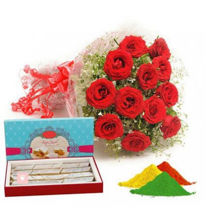 Red roses,  kaju katli with gulal