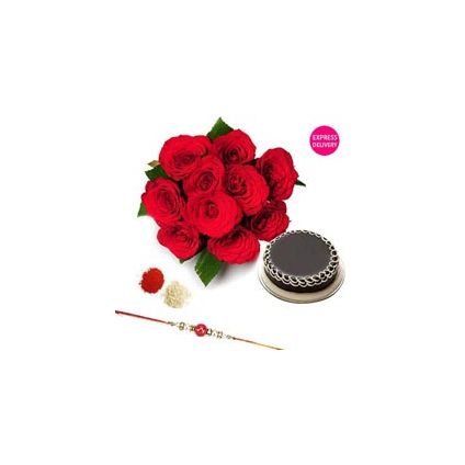 Bunch of 10 Red Roses, 1/2 kg chocolate cake with Rakhi