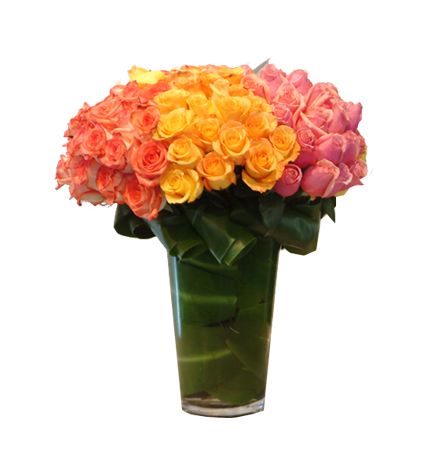 Bunch of 70 pink rose, 70 peach rose, 70 yellow rose  with vase