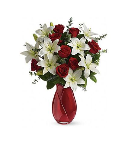 15 white lily and 14 red roses  with vase