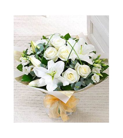 Bunch of 12 white lilys and 9 white roses with  vase