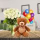 12 white  Roses with 6 inch White Teddy bear and 6 pcs Balloons